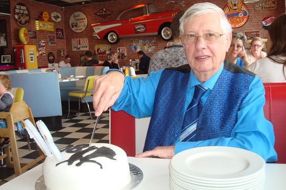 Bernard J Matcham about to cut the cake at the Hot Rod Diner in Gravesend 26th March 2017