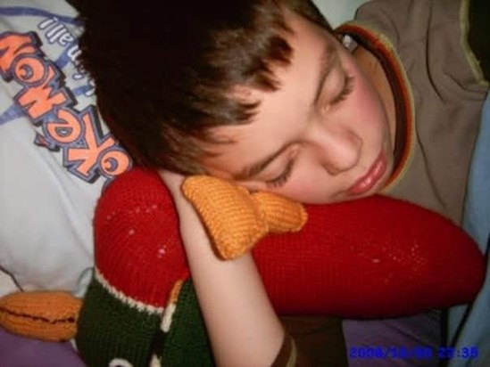 2008, Granny made knitted duck ( from Rosie and Jim)...he didn't put it down for 6 months.