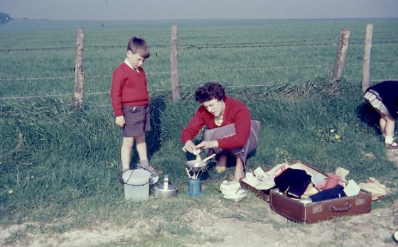 1963 cooking breakfast at Stonehenge on way to our holiday in our first car.