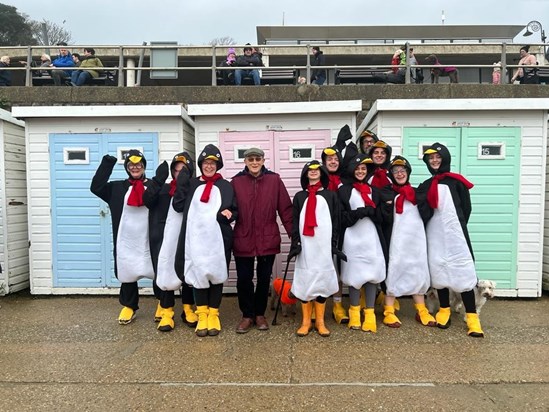 Mark with family members dressed as penguins in Lyme Regis. New Year's Day 2023