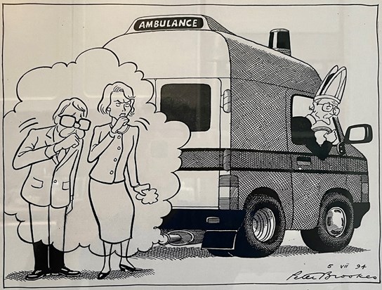 Cartoon from The Times, 5th July 1994. Mark had 'spoken out' about the NHS, leaving PM John Major, and Health Secretary Virginia Bottomley choking in his smoke