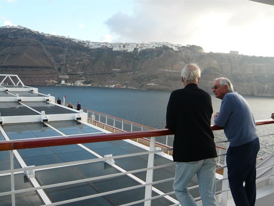 Approaching Santorini, 2014, with brother-in-law Steffen.