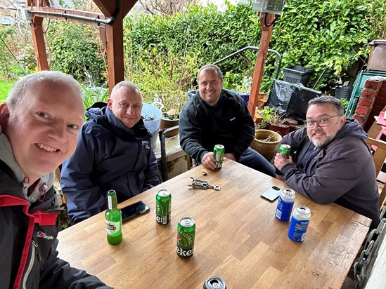 Beer o’clock with neighbours on a damp Friday afternoon. April 2023