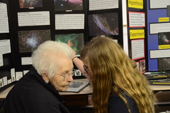 2012: Mrs. Justus talking to her Great Granddaughter (Julia) about her Science Fair project