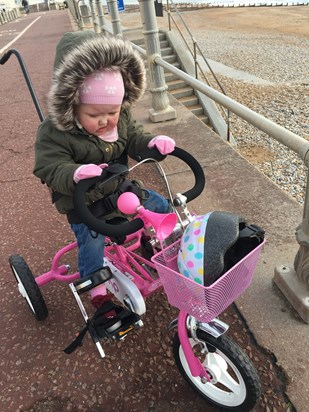 Mila riding her trike on Christmas Eve 2016
