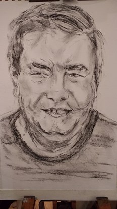 Dad as he was at Christmas time, always smiling. Charcoal on paper