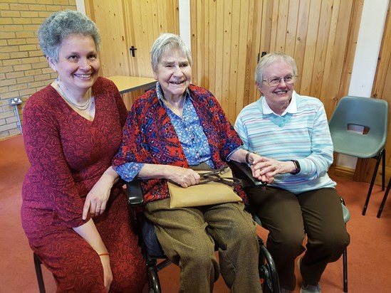 Barbara with Pat and Sita on her 95th birthday at Settle Meeting House