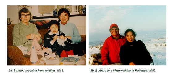 Barbara teaching Ming knitting 1986 and walking in Rathmel 1989