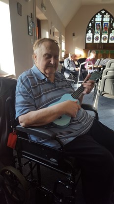 Heart of Kent Hospice: David playing ukulele, Jan 2020. 