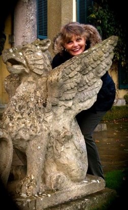Mum with a friendly gargoyle at Polsden Lacy