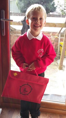 Jack in his school uniform on his first day at St Pauls Primary School