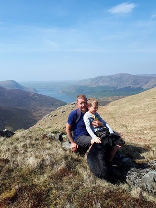 Daddy, Jack and Meg on top of Haycock in April 2019