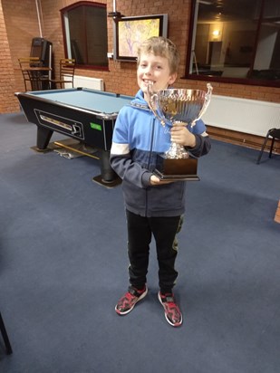 Jack winning the Junior League cup for Snooker.