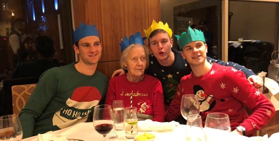Joan with her beloved grandsons, Christmas 2019