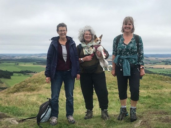 Alison, Julia, Sally and Pixie.  August 2020 up Norman's Law