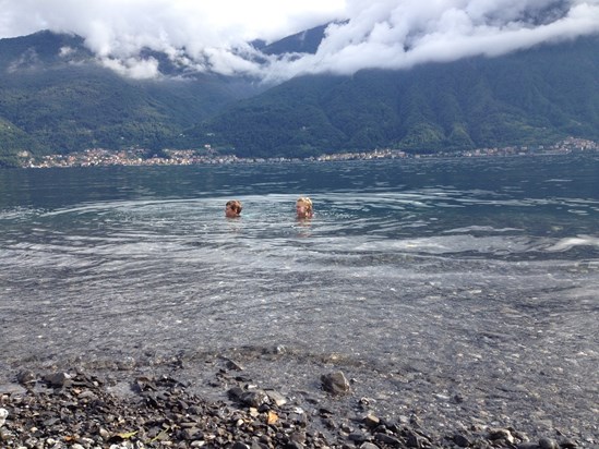 Swimming in Lake Como - Nr Lenno - August 2014.  Harry & Jess.  Happy (cold) time!
