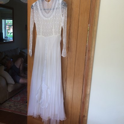 Betty’s wedding dress, freshly washed summer of 2020 and Betty couldn’t believe how lovely it was and remembered snagging the bottom of the netting with her shoes 66 years ago!