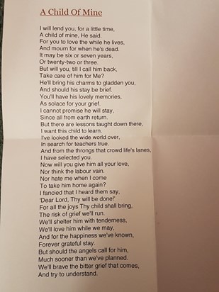 Lovely poem from Alex's friend Harriet.....nothing more to say really x