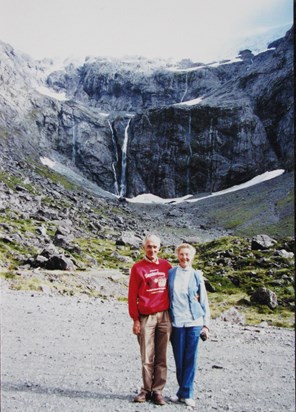 John Andreae & Anne MacEwen near entrance to Homer Tunnel, Milford Sound, NZ,15feb1996 