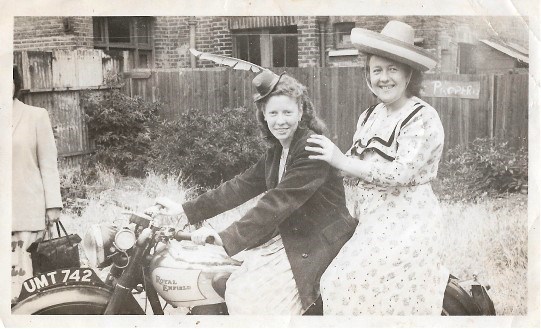 Lal with sister Bess on a Royal Enfield.