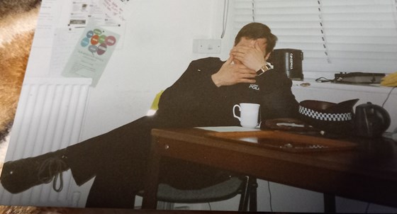 Andy always possessed a great sense of fun, as well as trying to avoid the camera! Picture taken within Coleshill Police Station where a much needed cuppa was being partaken.