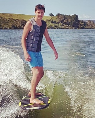 15 years old, Wake Surfing at Lake Maraetai (his happy place)