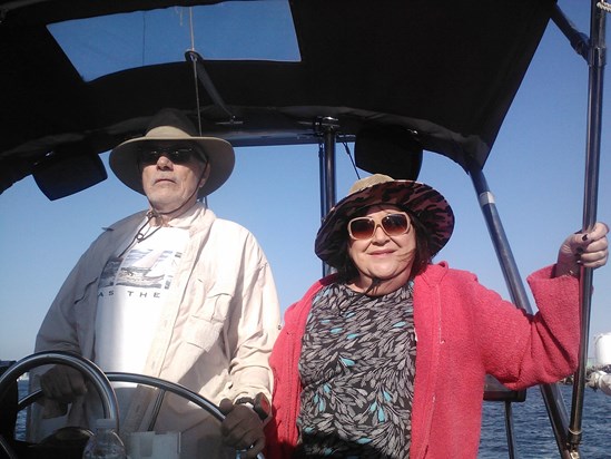 "Here is skipper Terry who heads up the Rock Church Sailing Ministry group.  What a perfect day...absolutely gorgeous.  Lovely to be gathered together in the fellowship of Jesus Christ!  Thank you Peter for all the pictures...you rock!" - Patsy