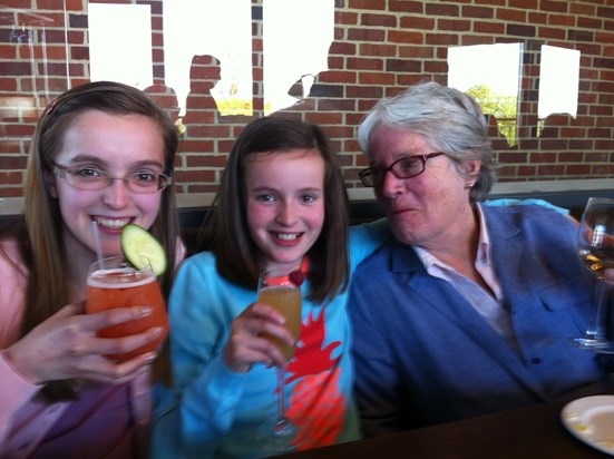 Drinking with her granddaughters in Stratford upon Avon!