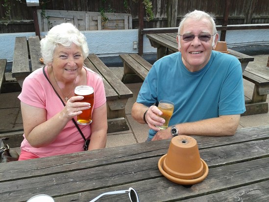 Mom enjoying a drink on holiday in Devon.