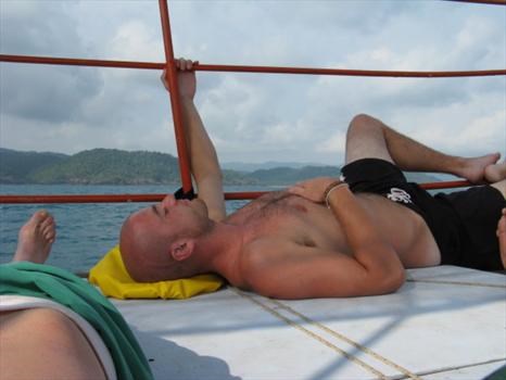 David having a kip after a days diving off Koh Chang,March 2008
