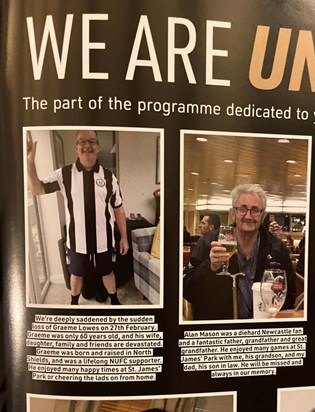 A tribute in the programme of Graeme’s beloved NUFC, on 12 March