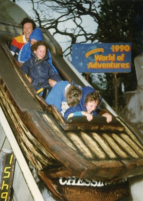 Making a splash! Chessington 1990 - Jane her ducking her head, Kristian in front of me (Trish) and the terrible twins making up the team!