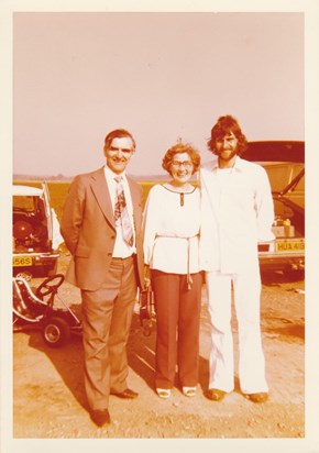 Audrey and Wilf with Brian Arnold at the Lincolnshire Kart Racing Club circuit, Fulbeck 1978