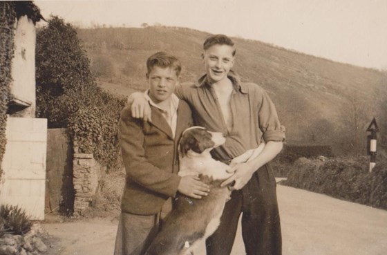 Dad and Johny outside muddiford cottage with Prince