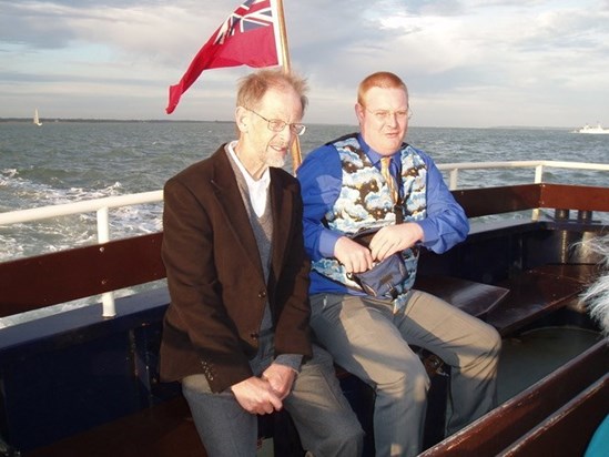 Dickon with Richard Moss on a boat for mum and dads 40th wedding anniversary