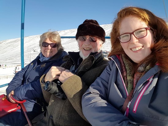 He never got skiing, but this was as good as it gets. Ski lift in the Cairngorms. At the top they had to stop to let us off and have a nosey of the view. 