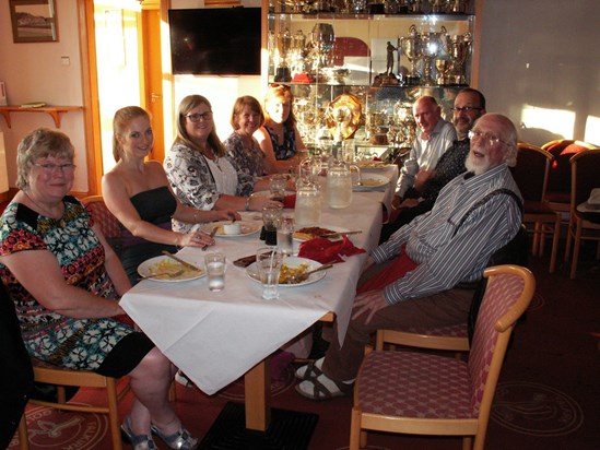 Bernard, Florence, Jane, Helen, Ann, Miriam, Harry and Michael the night before Claire and Andy’s wedding in Scotland, June 2018
