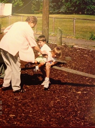 Mum at Barra Hall Park with Perry & Rio 2001