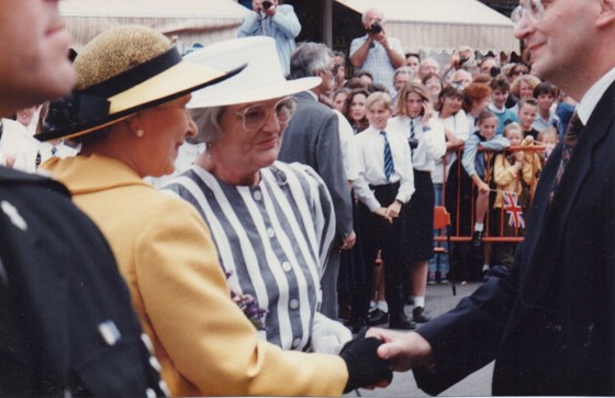 David welcomes the Queen to Overton with Joan Wingett 1992