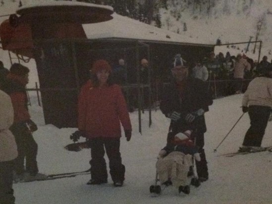skiing with liz in pushchair