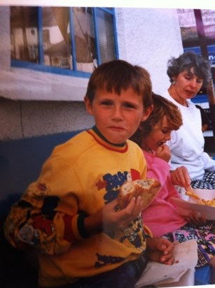 Paul, me & Grandma Lowe eating chips and pasties in Cornwall 