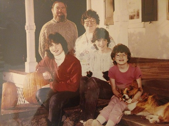 Fall Staman Family Pic with  pumpkin (Jeanette is on right with their dog)