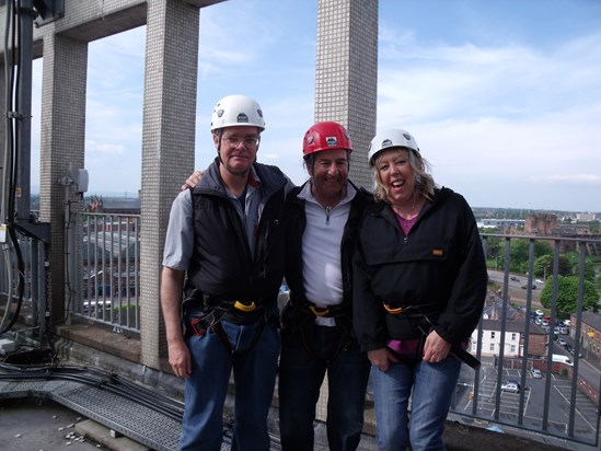 Tony definitely not in his element! Looking nervous before his charity abseil with Mike and Carol.