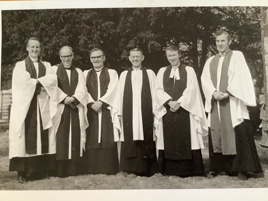 Four clergymen and a lay reader all from Ditton village with the rector in 1972, John Woodger 2nd from right, John Dodge 1st right