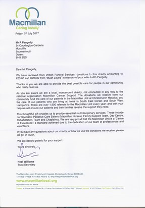 A thank you letter from the Macmillan Unit for all your donations. Thank you all very much indeed
