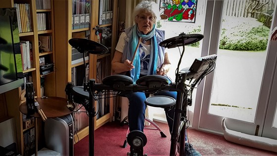 Sheila on a flying visit from Kerry with Jenny to Richard & Gill's and playing Richard's  Drums  - May 2019