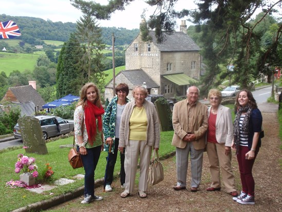 Enjoying a stay in Gloucestershire in August 2012, and with her great nieces, Maddy and Philippa, and their mother Gill, outside Laurie Lee's pub in Slade.