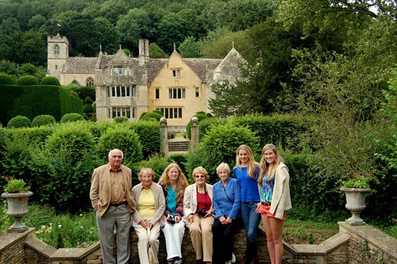 With her niece Jane, and great nieces Anna and Laura, outside Owlpen Manor, 2012 August
