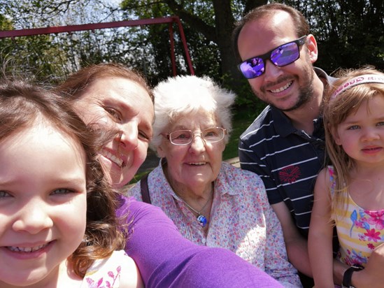 Sheila with her grandson Matthew, his wife Michelle and her 2 great granddaughters Isla and Louisa