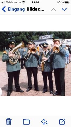 1989 in Paderborn for IYP (International youth philharmonic) L-R Ian Duckworth, Simon Talbot, Frank Wood, Nigel Taylor (photo courtesy of Jürgen Boelsen in Paderborn)